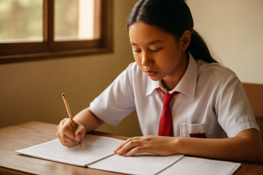 Siswa membaca ulang tulisan tangan di meja belajar untuk menyunting kalimatnya