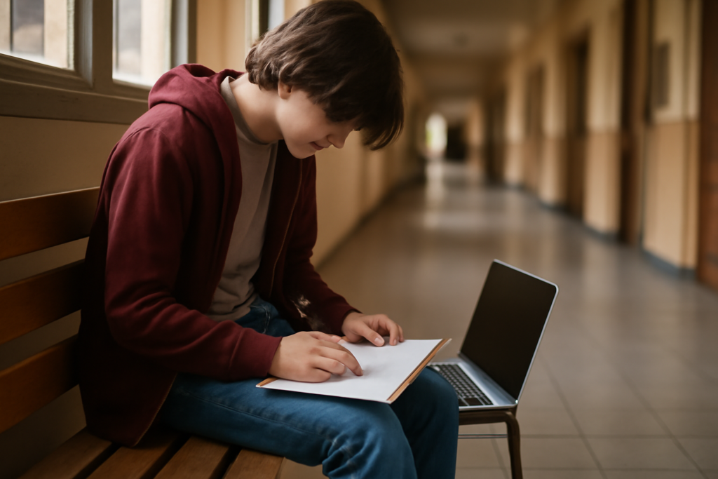 Siswa menulis blog reflektif di buku catatan sambil duduk di koridor sekolah