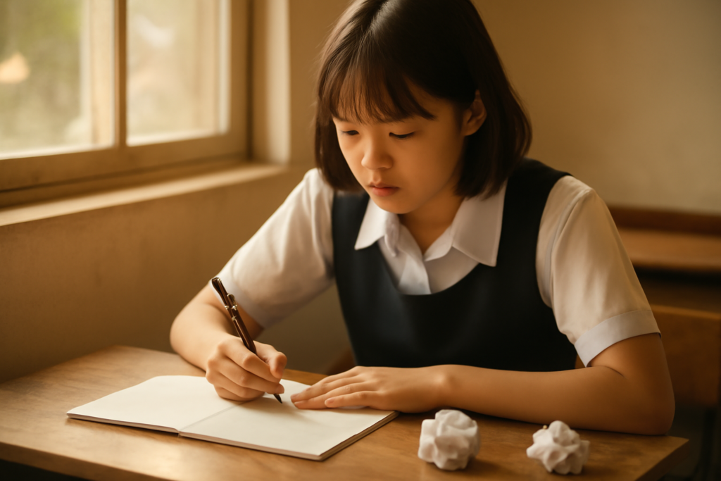 Siswa menyunting draf tulisan blog di meja dekat jendela kelas