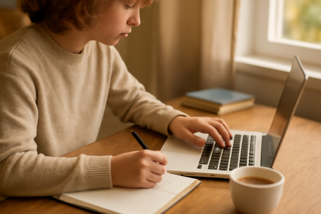 Siswa menulis blog di laptop dengan buku catatan di meja kayu