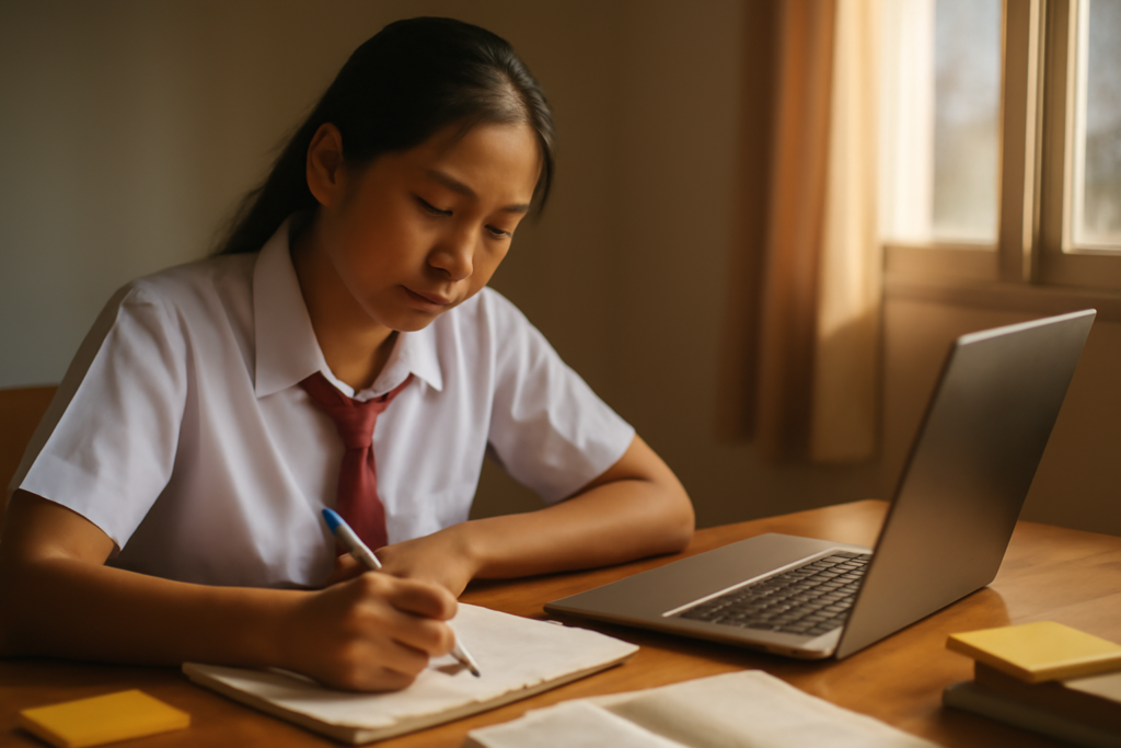 Siswa menulis draf blog di buku catatan sambil membuka laptop di meja belajar