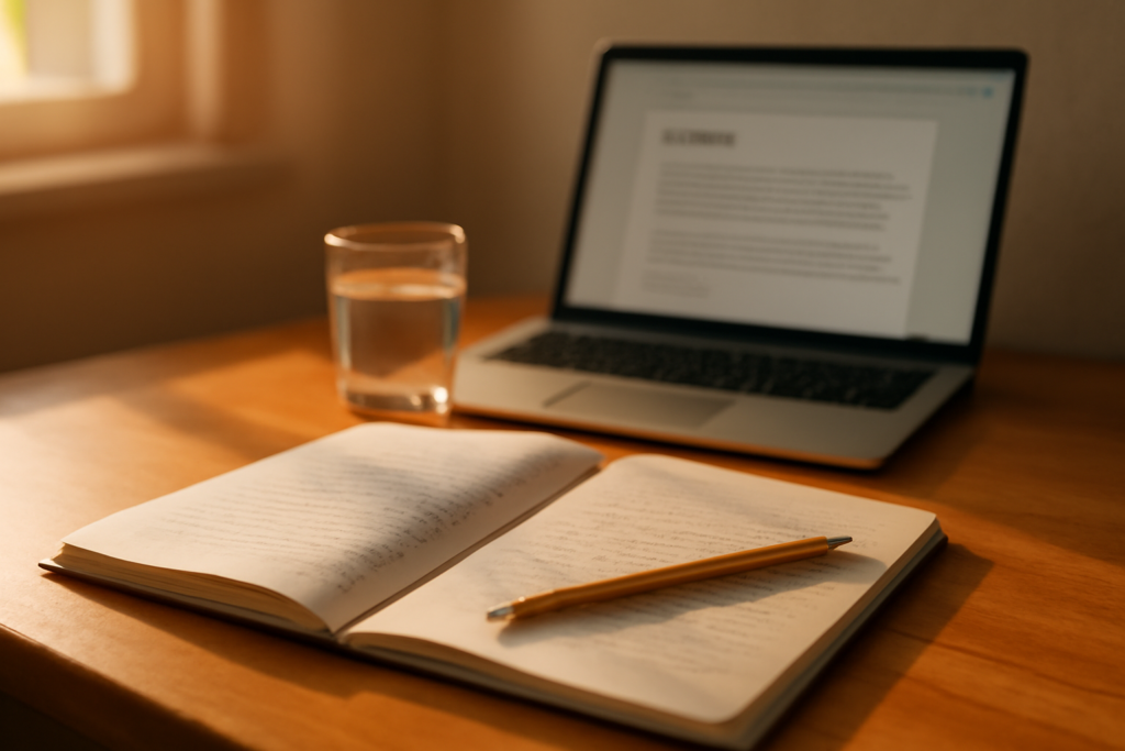 Meja belajar siswa dengan buku catatan dan laptop untuk menulis blog