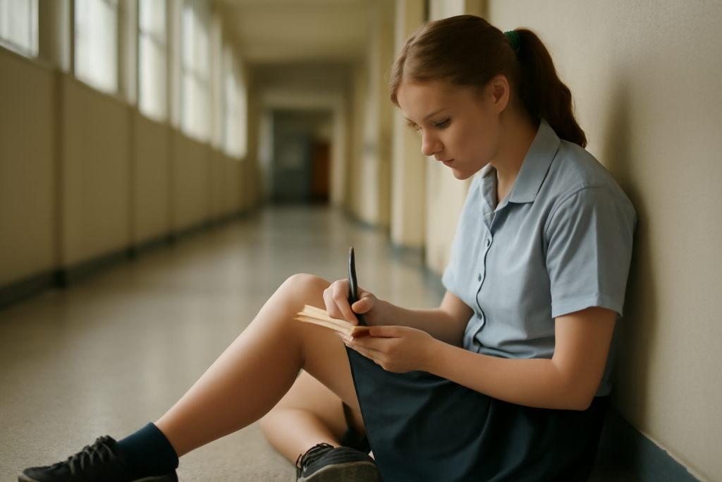 Siswa menulis catatan ide di buku kecil di koridor sekolah