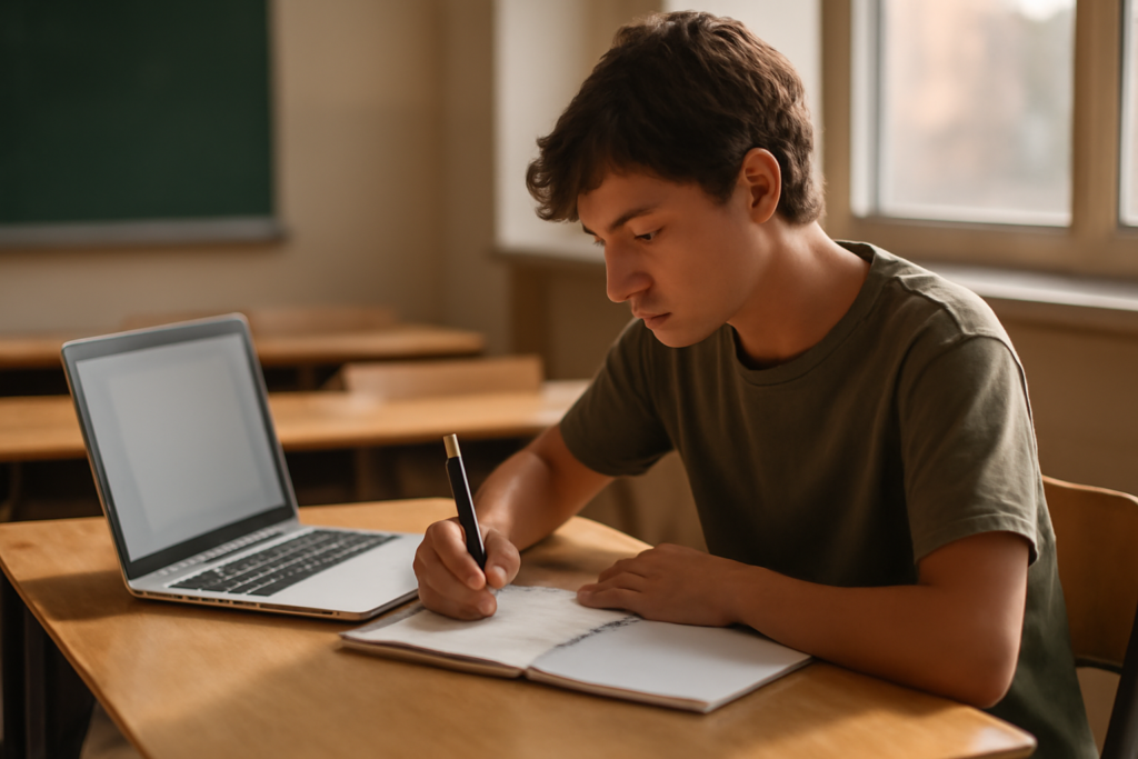 Siswa menulis pembuka blog di laptop dekat jendela kelas pada sore hari