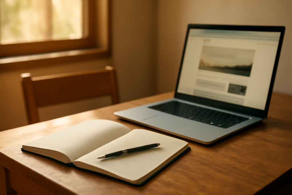 Meja belajar dengan buku harian terbuka dan laptop untuk menulis blog