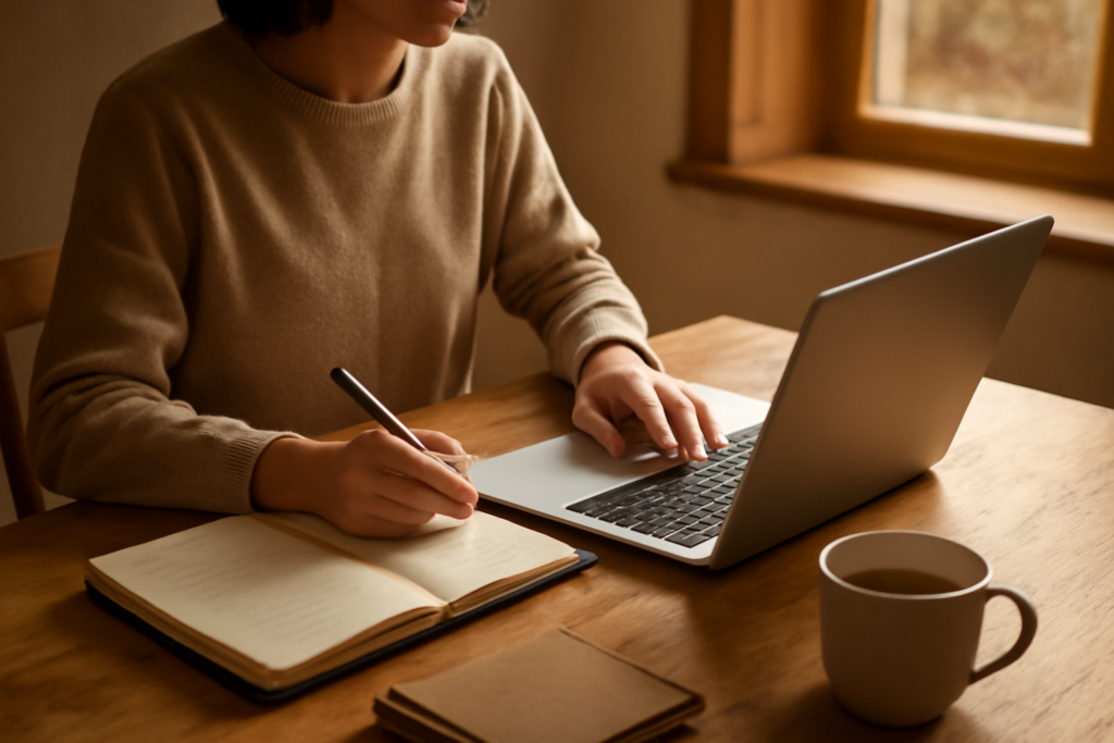 Siswa menulis blog di laptop dengan buku catatan di meja kayu